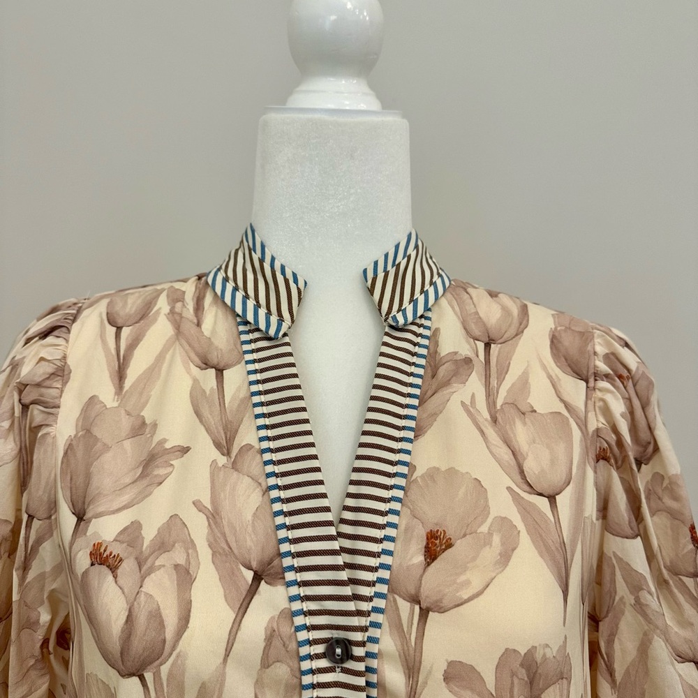 Floral Beige Dress with Striped Accents - Picture 2 of 3